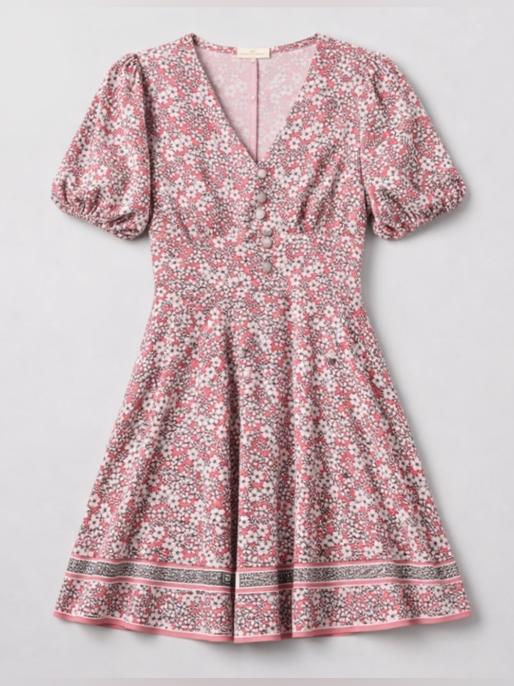 🌸 MICHAEL KORS Rose Pink Floral Mini Dress | Puff Sleeve V-Neck | Size M - Picture 4 of 13